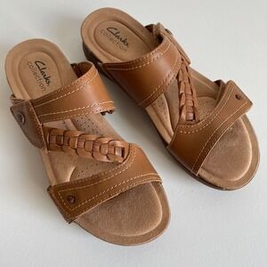 Clarks Collection Women Size 8.5 Brown Leather Braided Comfort Slide Sandals New